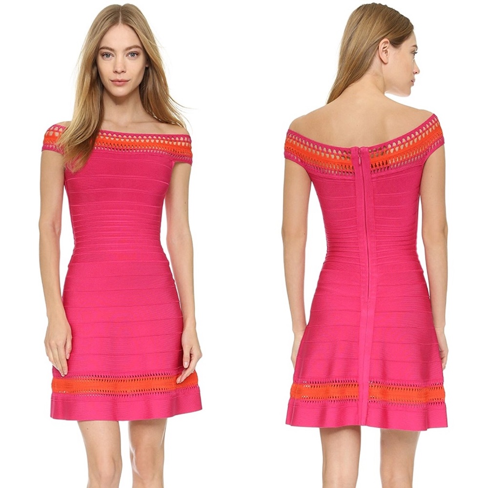 Herve Leger Off-Shoulder Cocktail Zoe Dress Pink